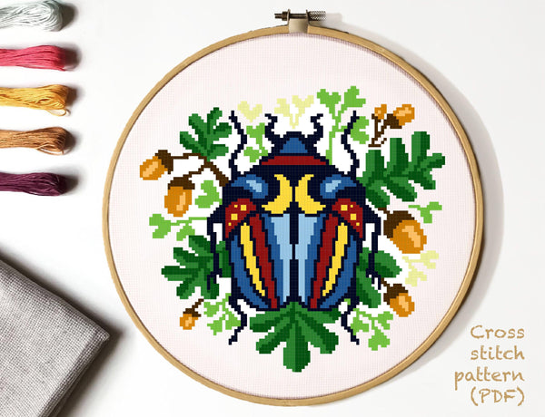 Floral beetle Modern Cross Stitch Pattern, flower insect, Instant download PDF