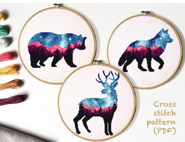 Modern cross stitch pattern Bear, Wolf, deer silhouette, instant download pdf, design by VladaXstitch 