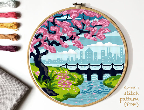 Landscape Modern Cross Stitch Pattern, flower tree, instant PDF