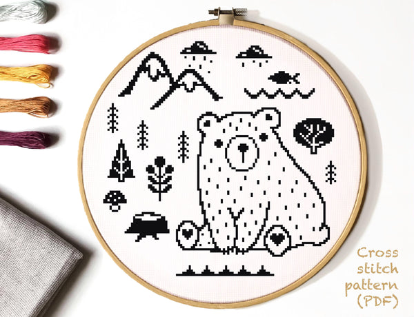 Bear Cross Stitch Pattern, landscape, baby decor, instant PDF