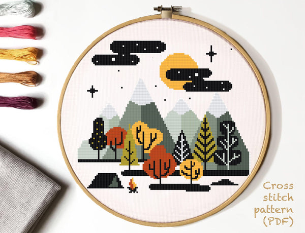 Landscape Modern Cross Stitch Pattern, mountains, instant PDF