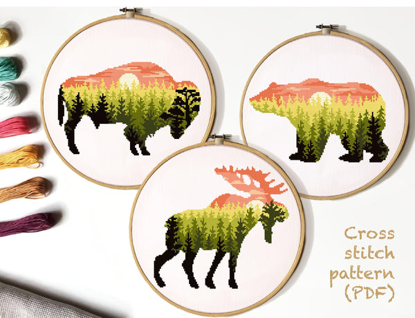 Moose, Buffalo, Bear Cross Stitch Pattern, forest, landscape, instant PDF