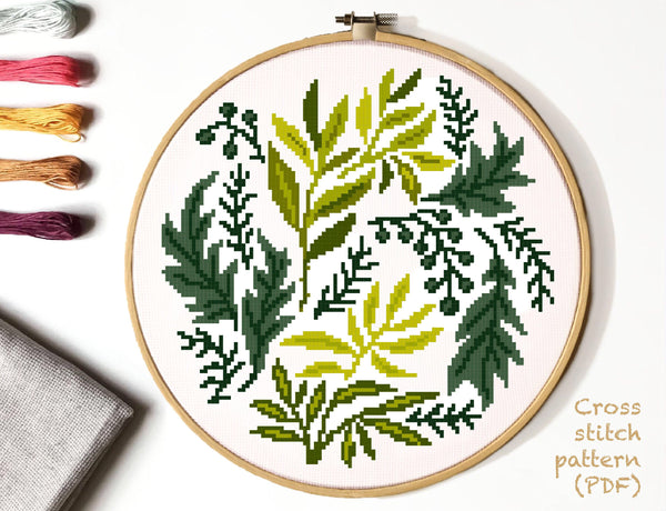 Leaves Modern Cross Stitch Pattern, Instant download PDF