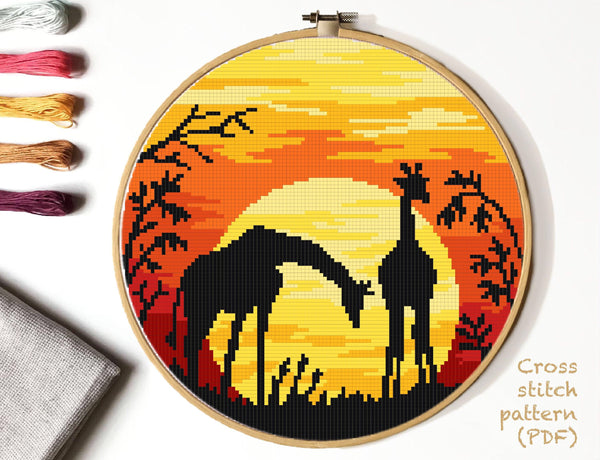 Giraffes Modern Cross Stitch Pattern, sunset, landscape, instant PDF