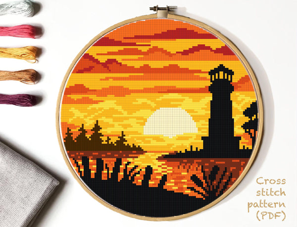 Lighthouse Modern  Cross Stitch Pattern, sea, sunset, instant PDF