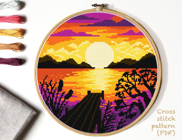 Sunset  Cross Stitch Pattern, mountain, lake, INSTANT DOWNLOAD PDF