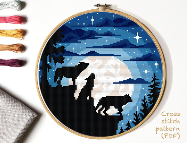 Wolves Cross Stitch Pattern, landscape, moon, animals, instant PDF