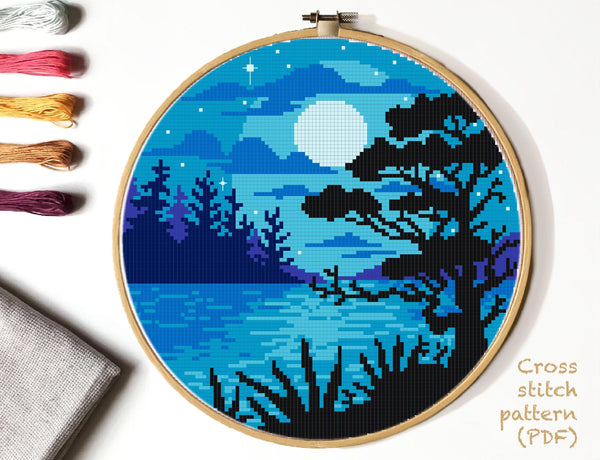 Landscape  Cross Stitch Pattern, moon,  lake, INSTANT DOWNLOAD PDF