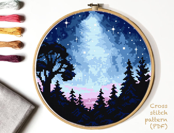 Landscape Cross Stitch Pattern, forest, starry sky, instant PDF