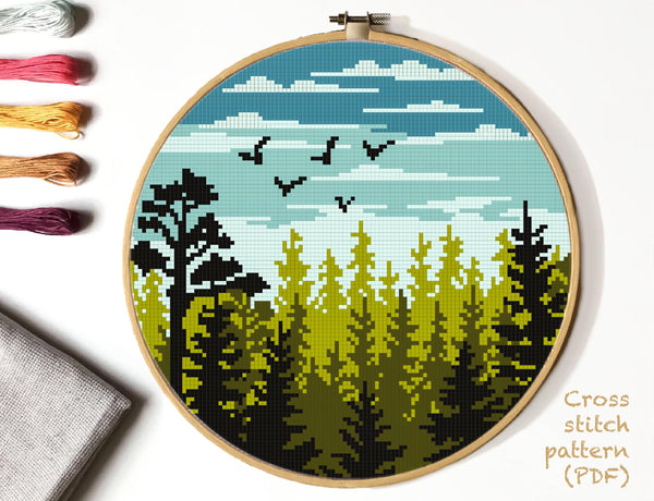 Landscape Cross Stitch Pattern, mountains, forest, instant PDF