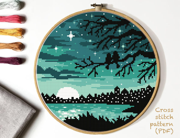 Landscape Cross Stitch Pattern, night city, starry sky, instant PDF