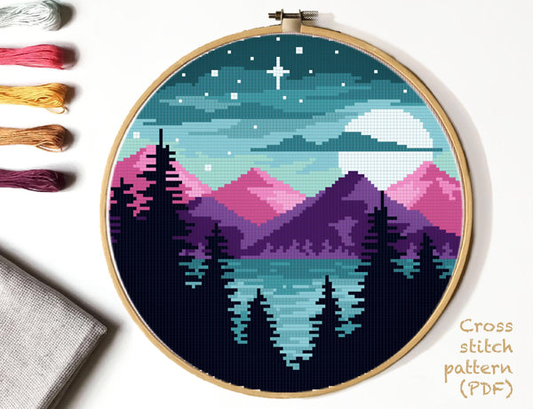 Landscape  Cross Stitch Pattern, mountains, starry sky, lake, INSTANT DOWNLOAD PDF