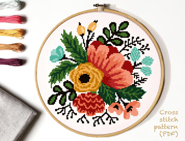 Floral Modern Cross Stitch Pattern, flower, Instant download PDF