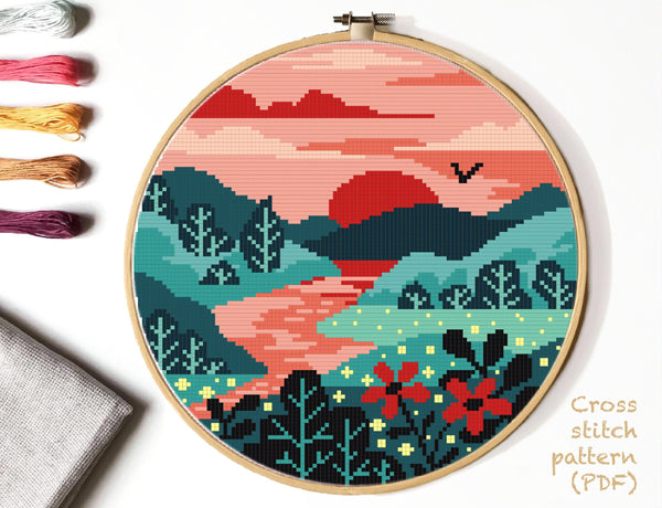 Landscape Modern Cross Stitch Pattern, flowers,  instant PDF