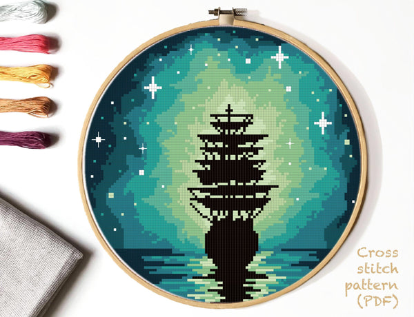 Landscape Cross Stitch Pattern, starry sky, sea, ship, INSTANT DOWNLOAD PDF