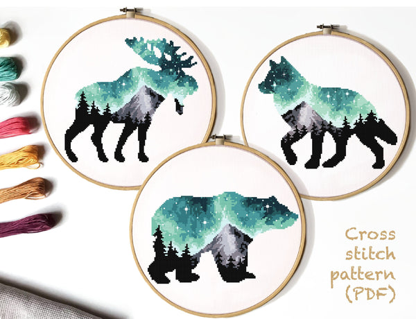 Animal silhouette Modern Cross Stitch Pattern, starry night, watercolor, VladaXstitch design 