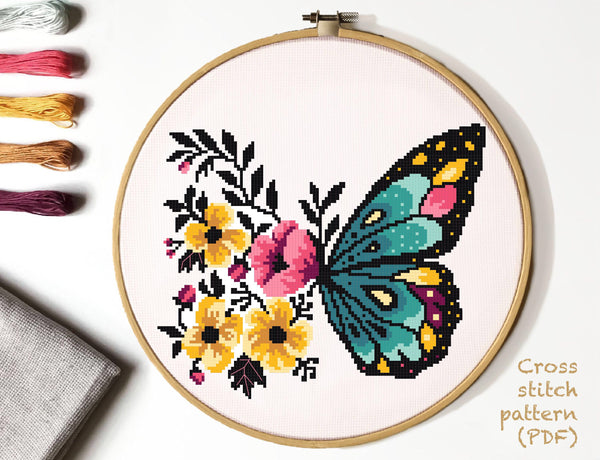 Floral butterfly Modern Cross Stitch Pattern, Instant download PDF