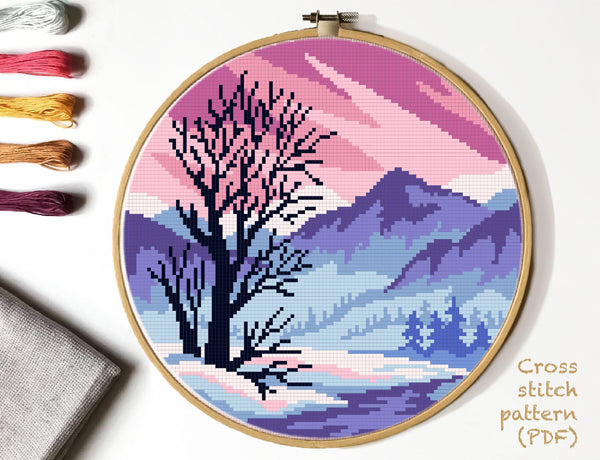 Winter Landscape Modern Cross Stitch Pattern, mountain,  INSTANT DOWNLOAD PDF