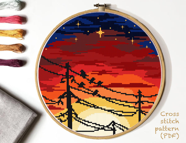 Landscape Modern Cross Stitch Pattern, starry sky, instant PDF