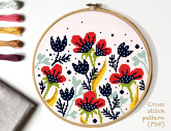 Floral Modern Cross Stitch Pattern, flower, Instant download PDF