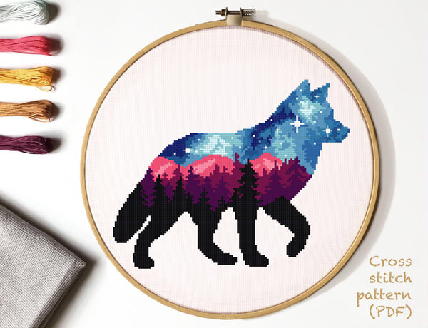 Wolf Cross Stitch Pattern, landscape cross stitch, ,instant PDF