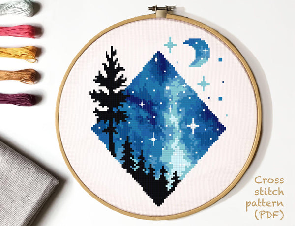 Landscape Modern Cross Stitch Pattern, forest, starry sky, instant PDF