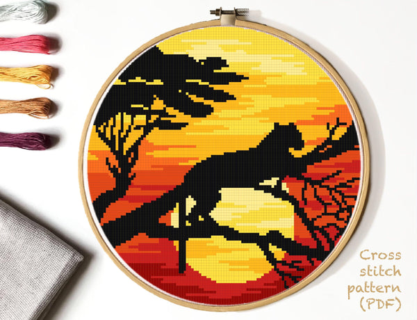 Panther Cross Stitch Pattern, landscape, sunset, instant download PDF