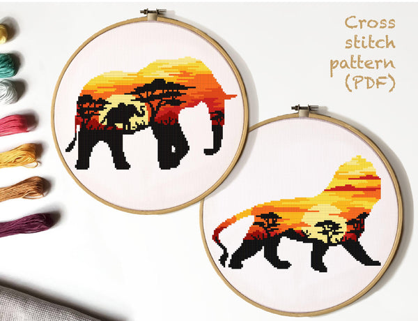 Elephant, Lion Modern Cross Stitch Pattern,  sunset, nature, instant PDF