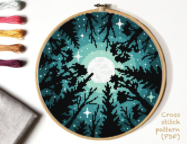 Landscape Cross Stitch Pattern, starry sky,, forest,  INSTANT DOWNLOAD PDF