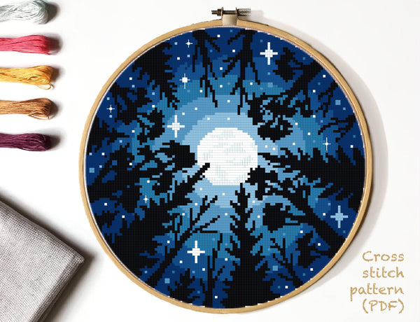 Landscape Cross Stitch Pattern, starry sky, forest , INSTANT DOWNLOAD PDF