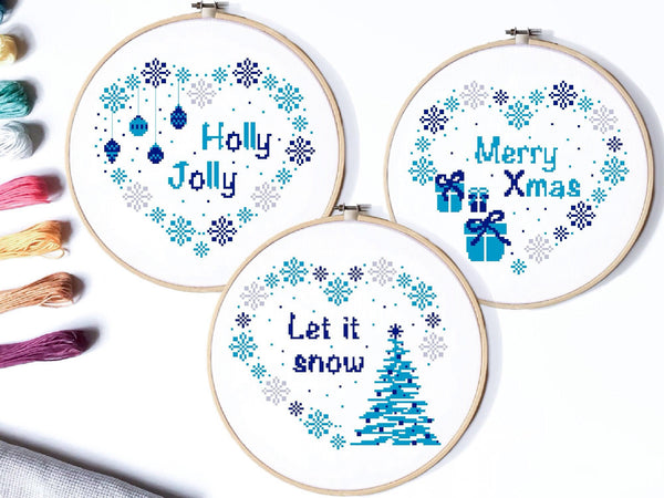 Christmas Modern Cross Stitch Pattern, snowflakes, heart , Instant download PDF