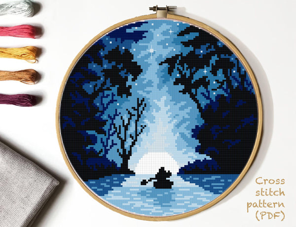 Landscape  Cross Stitch Pattern,  moon, forest, lake, INSTANT DOWNLOAD PDF