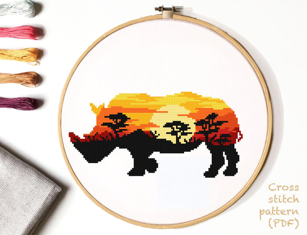 Rhinoceros Cross Stitch Pattern, landscape, sunset, animals, instant PDF