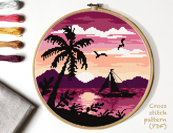 Modern nature cross stitch pattern, landscape, sunset, INSTANT DOWNLOAD PDF