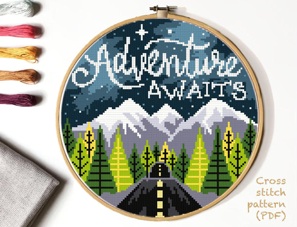 Adventure awaits, Landscape Cross Stitch Pattern, mountains, forest,  INSTANT DOWNLOA