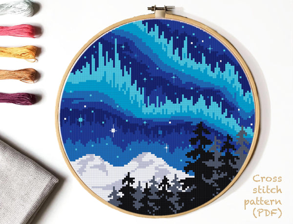 Northern Lights Modern Cross Stitch Pattern, mountain, forest , INSTANT DOWNLOAD PDF