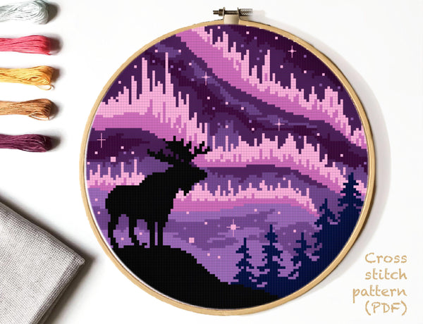 Northern Lights Modern Cross Stitch Pattern, animals, forest,  INSTANT DOWNLOAD PDF