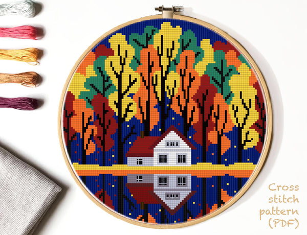 Autumn landscape Modern Cross Stitch Pattern, design by VladaXstitch, instant download pdf 