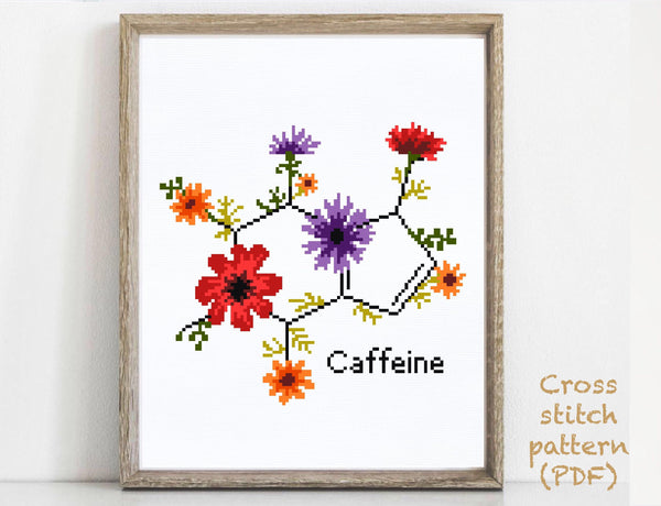 Caffeine molecule floral cross stitch pattern modern, science, flowers, instant download PDF