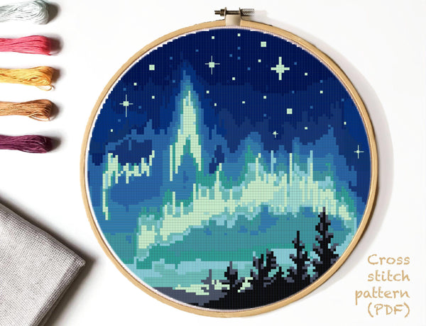 Northern Lights Modern Cross Stitch Pattern, forest , INSTANT DOWNLOAD PDF