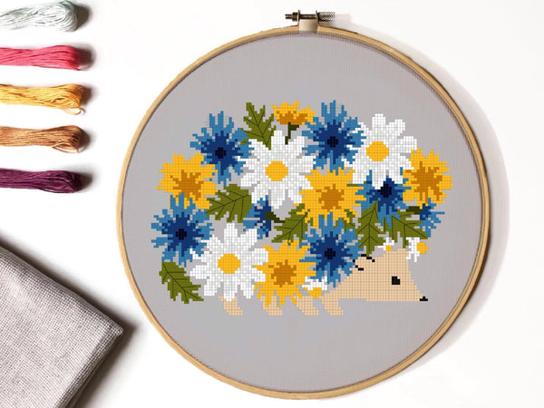 Hedgehog  floral Cross Stitch Pattern, flower,  instant PDF