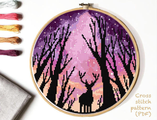 Landscape Modern Cross Stitch Pattern, deer, starry sky,  instant PDF