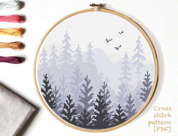 Landscape Modern Cross Stitch Pattern, forest, mountains ,instant PDF