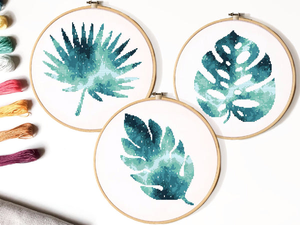 Tropical leaves Cross Stitch Pattern, watercolor galaxy, Instant download PDF