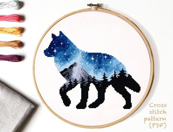 Wolf Cross Stitch Pattern, landscape, animal, mountains, forest, instant PDF