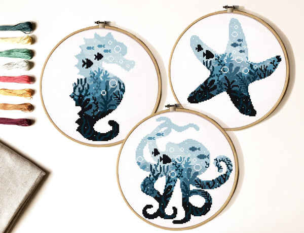 Starfish, octopus, sea Horse Cross Stitch Pattern, nature, instant PDF