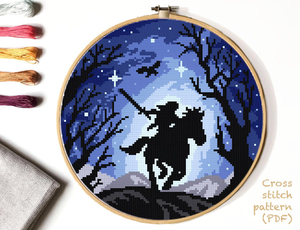 Horse silhouette Cross Stitch Pattern, landscape, instant PDF