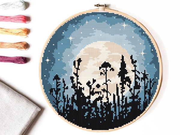 Landscape  Cross Stitch Pattern,  moon, starry sky, INSTANT DOWNLOAD PDF