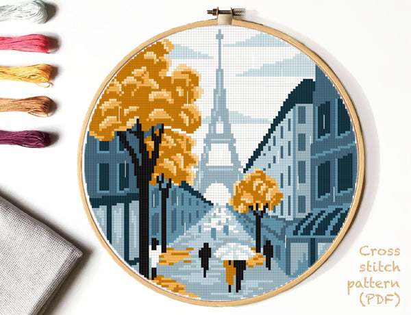 Autumn Paris Modern Cross Stitch Pattern, nature, The Eiffel Tower, instant download