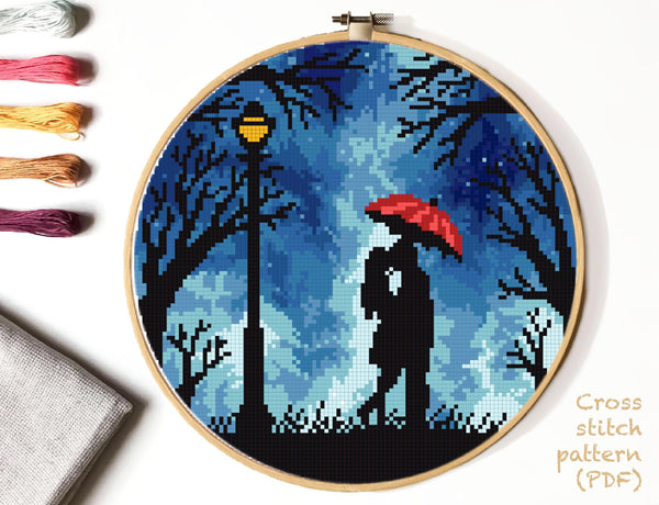 Night sky Modern Cross Stitch Pattern, couple with umbrella,  instant PDF